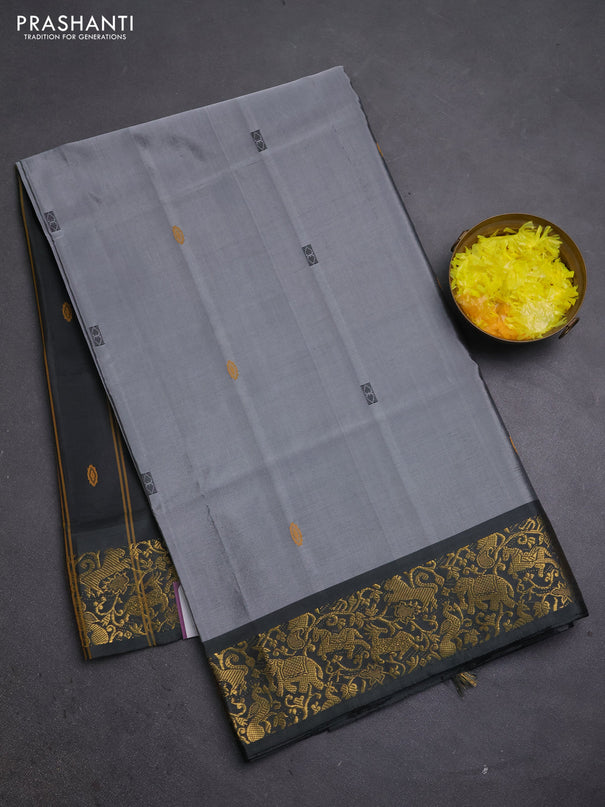 Banana pith saree grey and black with thread woven buttas and zari woven border