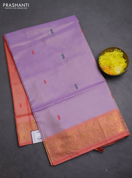 Banana pith saree lavender and red with thread woven buttas and zari woven border