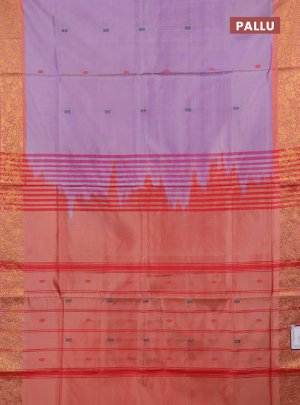 Banana pith saree lavender and red with thread woven buttas and zari woven border