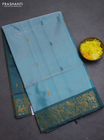 Banana pith saree pastel green and peacock green with thread woven buttas and zari woven border