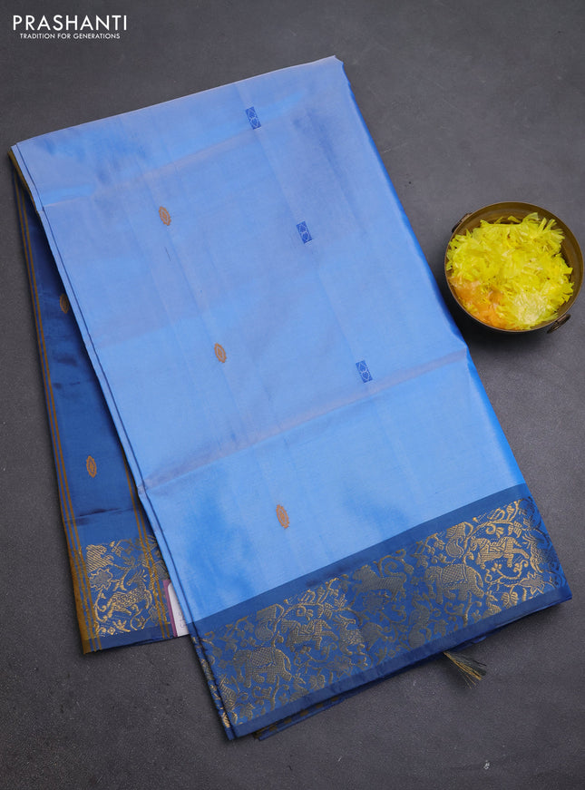 Banana pith saree teal blue and peacock blue with thread woven buttas and zari woven border