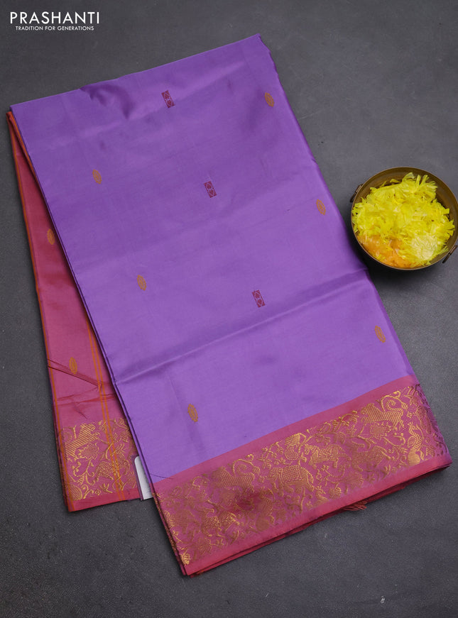 Banana pith saree lavender and dual shade of red with thread woven buttas and zari woven border