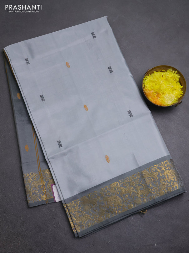 Banana pith saree grey with thread woven buttas and zari woven border