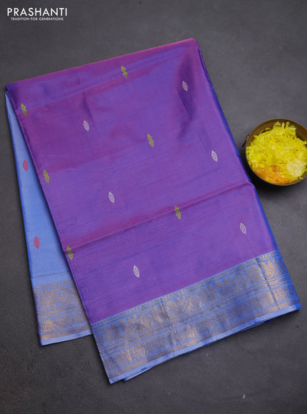 Banana pith saree purple and blue with thread woven buttas and zari woven border