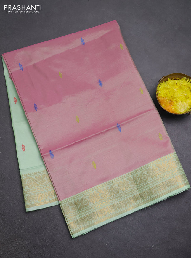 Banana pith saree pink and pista green with thread woven buttas and zari woven border