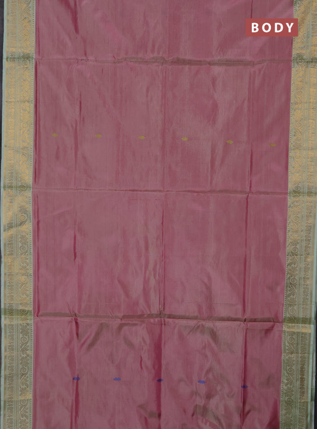 Banana pith saree pink and pista green with thread woven buttas and zari woven border