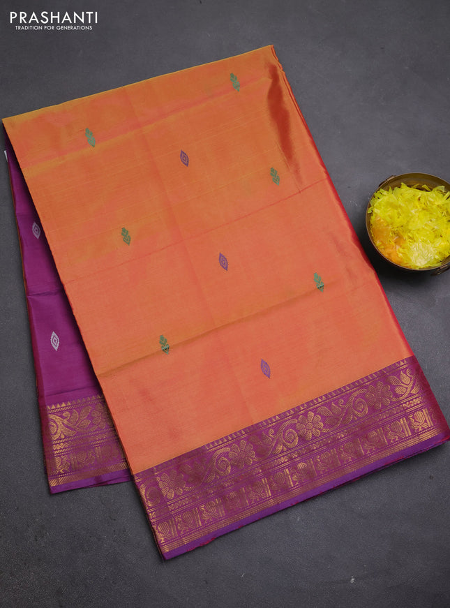 Banana pith saree sunset orange and purple with thread woven buttas and zari woven border