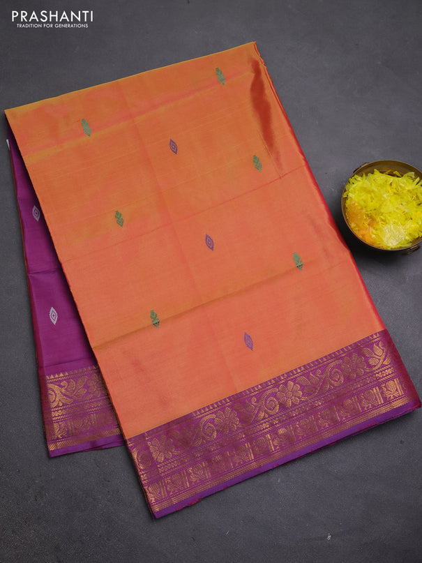 Banana pith saree sunset orange and purple with thread woven buttas and zari woven border