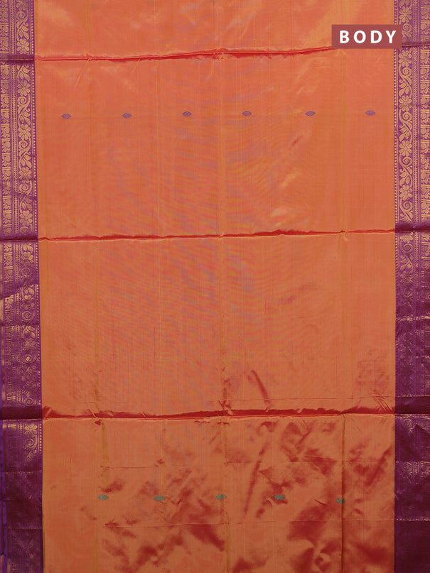 Banana pith saree sunset orange and purple with thread woven buttas and zari woven border