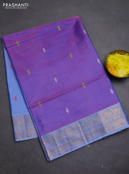 Banana pith saree purple and blue with thread woven buttas and zari woven border
