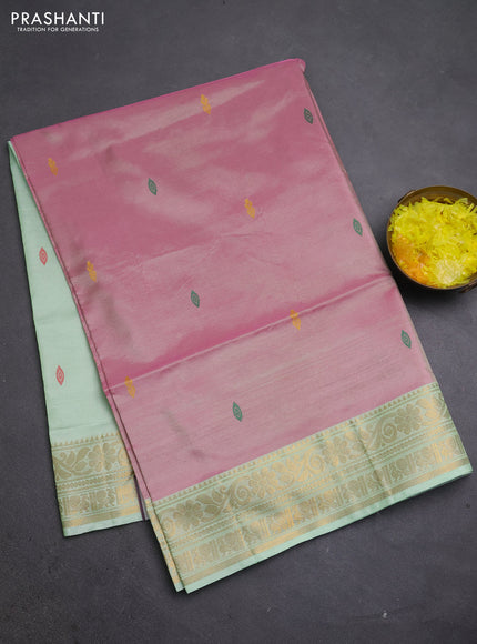 Banana pith saree pink and pista green with thread woven buttas and zari woven border
