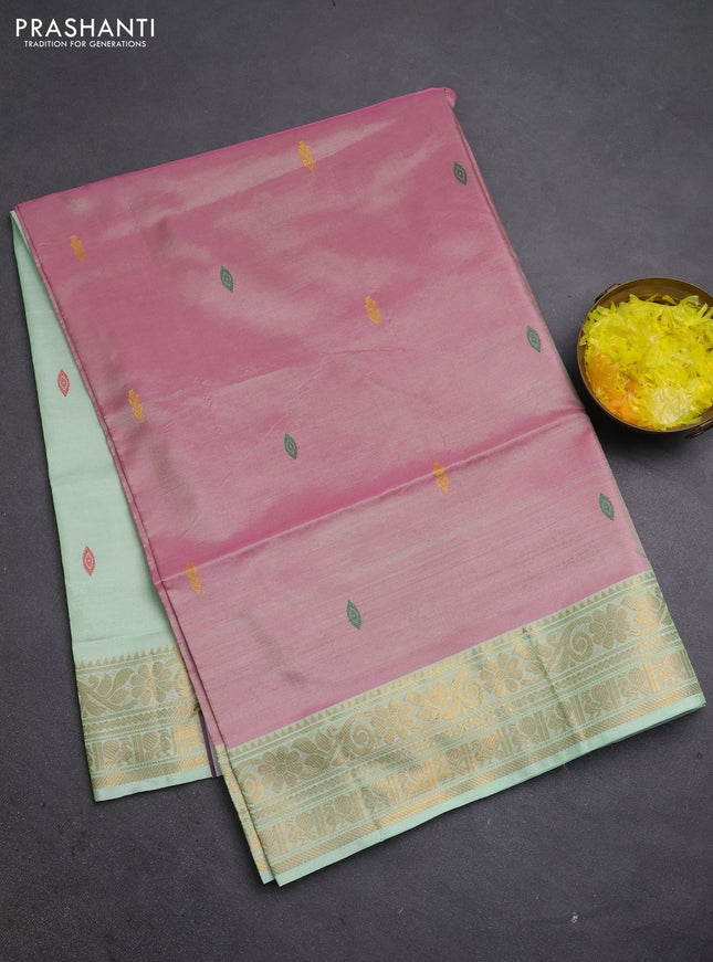Banana pith saree pink and pista green with thread woven buttas and zari woven border