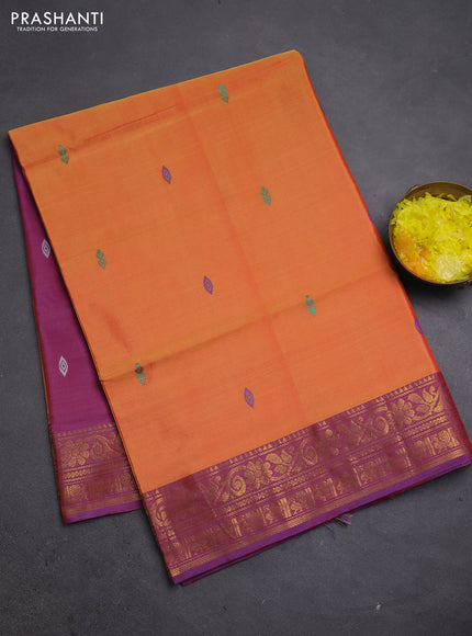 Banana pith saree sunset orange and dual shade of purple with thread woven buttas and zari woven border