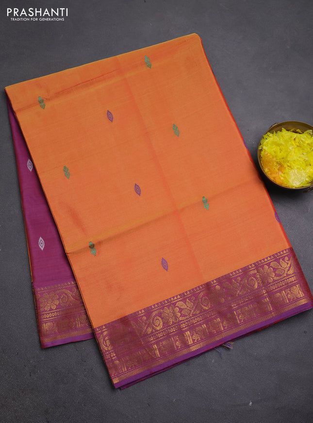 Banana pith saree sunset orange and dual shade of purple with thread woven buttas and zari woven border