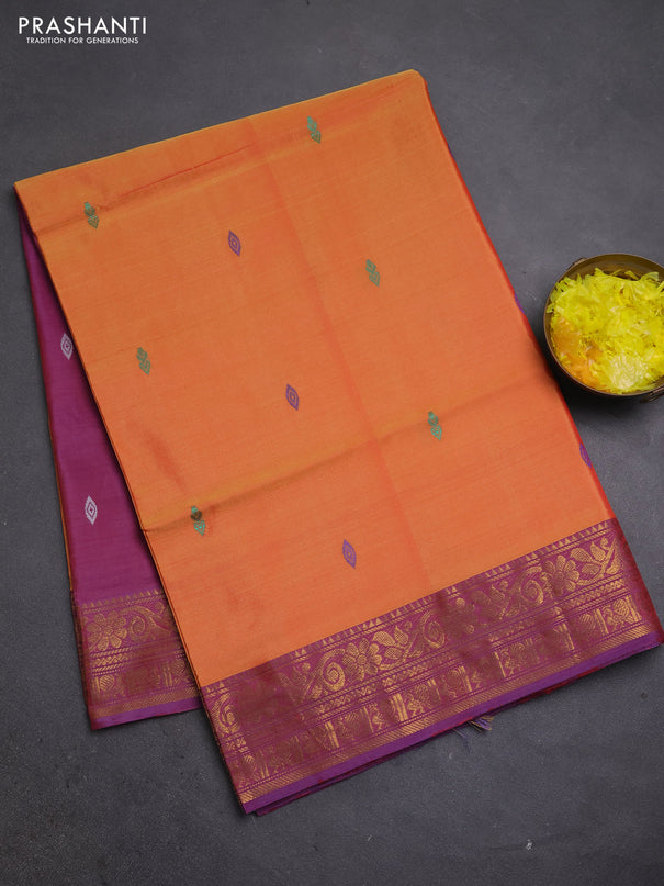 Banana pith saree sunset orange and dual shade of purple with thread woven buttas and zari woven border