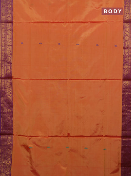 Banana pith saree sunset orange and dual shade of purple with thread woven buttas and zari woven border