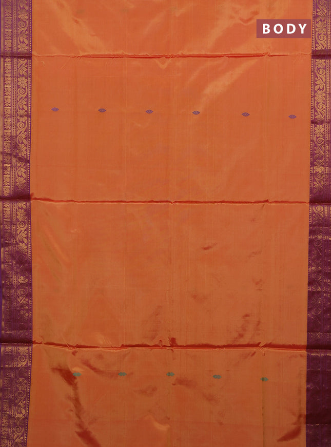 Banana pith saree sunset orange and dual shade of purple with thread woven buttas and zari woven border