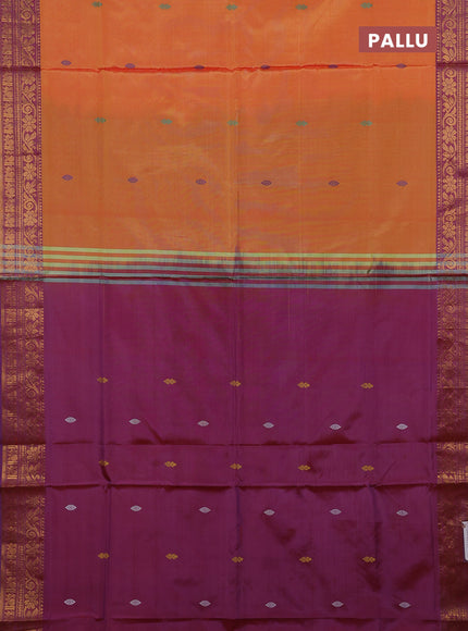Banana pith saree sunset orange and dual shade of purple with thread woven buttas and zari woven border
