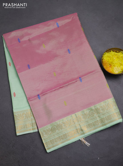 Banana pith saree mauve pink and pista green with thread woven buttas and zari woven border
