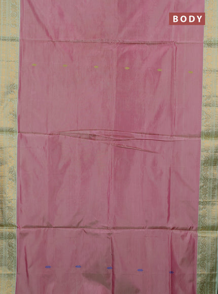 Banana pith saree mauve pink and pista green with thread woven buttas and zari woven border
