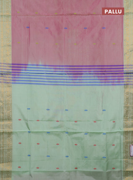 Banana pith saree mauve pink and pista green with thread woven buttas and zari woven border
