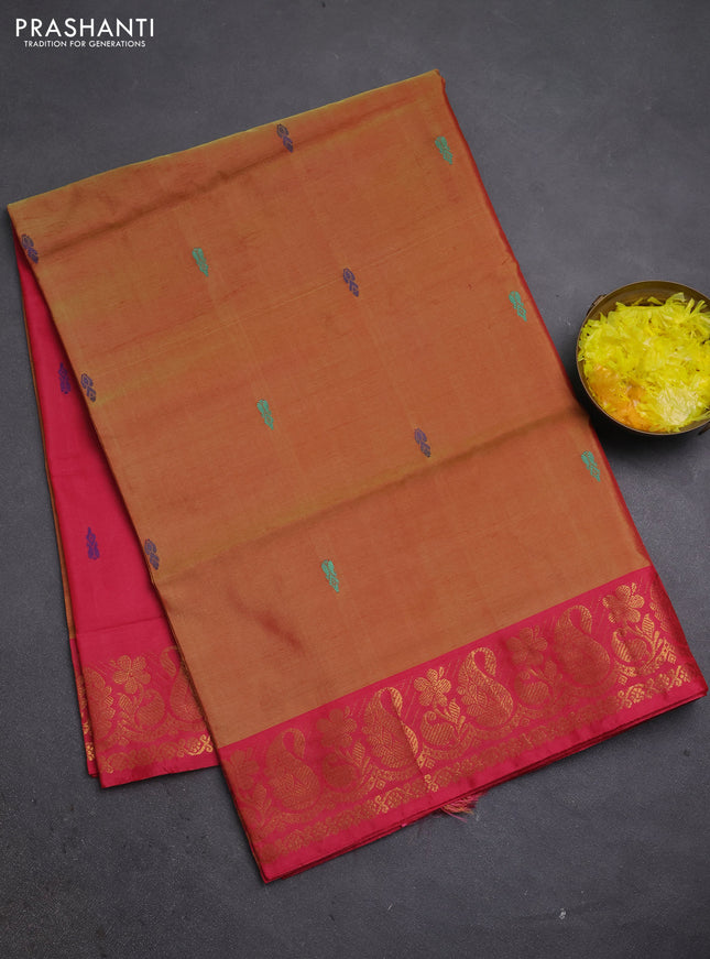 Banana pith saree sunset orange and peach pink with thread woven buttas and zari woven border