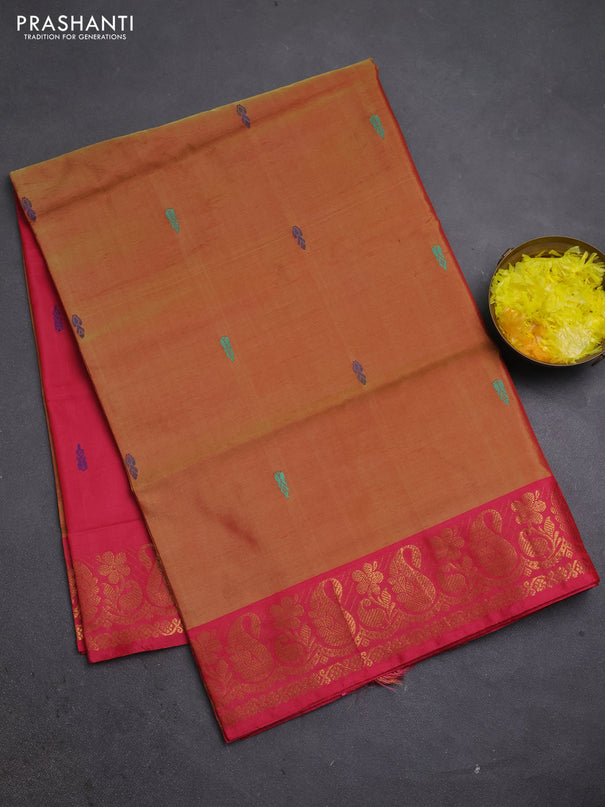 Banana pith saree sunset orange and peach pink with thread woven buttas and zari woven border