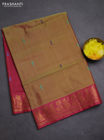 Banana pith saree dual shade od mustard green and pink with thread woven buttas and zari woven border