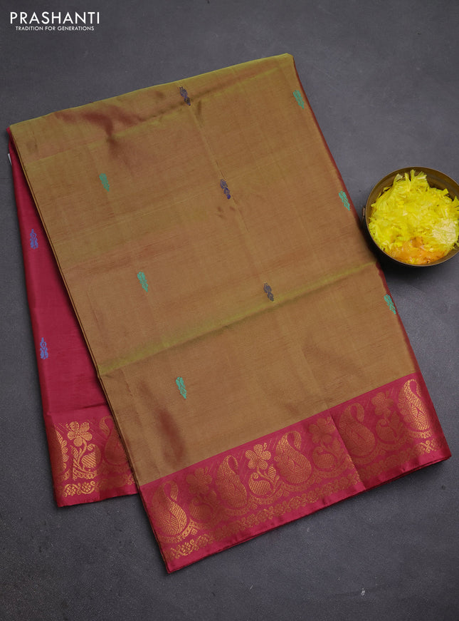 Banana pith saree dual shade od mustard green and pink with thread woven buttas and zari woven border