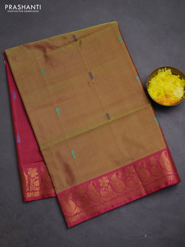 Banana pith saree dual shade od mustard green and pink with thread woven buttas and zari woven border