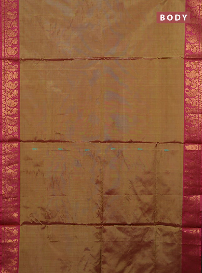 Banana pith saree dual shade od mustard green and pink with thread woven buttas and zari woven border