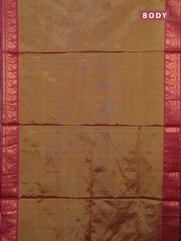 Banana pith saree dual shade od mustard green and pink with thread woven buttas and zari woven border