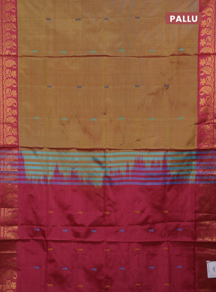 Banana pith saree dual shade od mustard green and pink with thread woven buttas and zari woven border