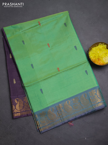 Banana pith saree light green and purple with thread woven buttas and zari woven border