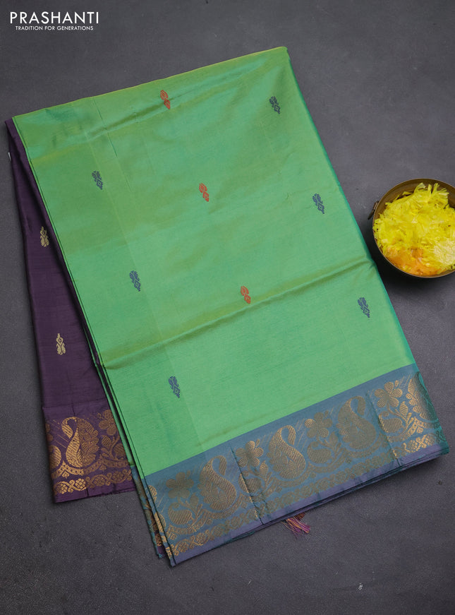 Banana pith saree light green and purple with thread woven buttas and zari woven border