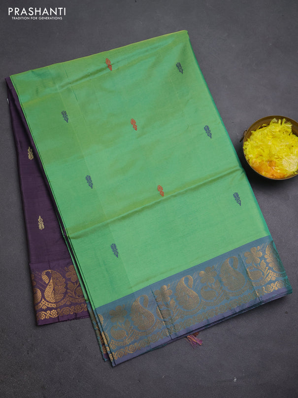 Banana pith saree light green and purple with thread woven buttas and zari woven border