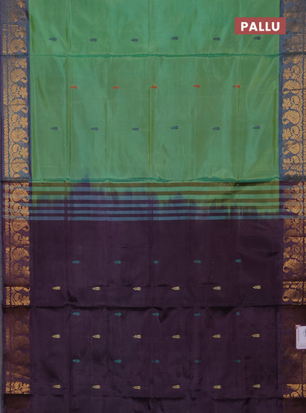 Banana pith saree light green and purple with thread woven buttas and zari woven border