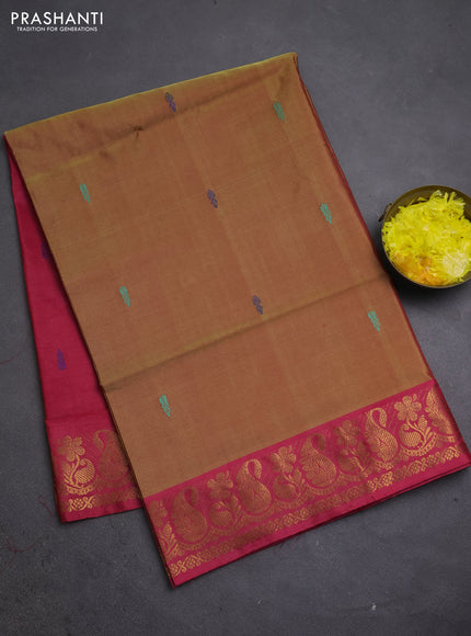 Banana pith saree sunset orange and tomato pink with thread woven buttas and zari woven border