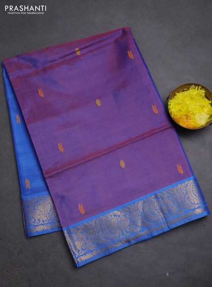 Banana pith saree dual shade of red and blue with thread woven buttas and zari woven border