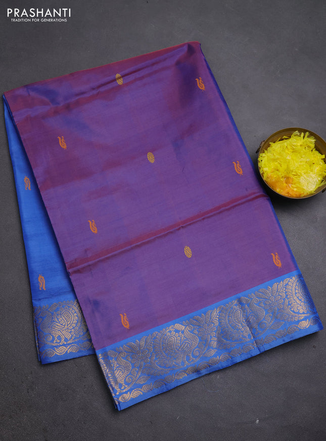 Banana pith saree dual shade of red and blue with thread woven buttas and zari woven border