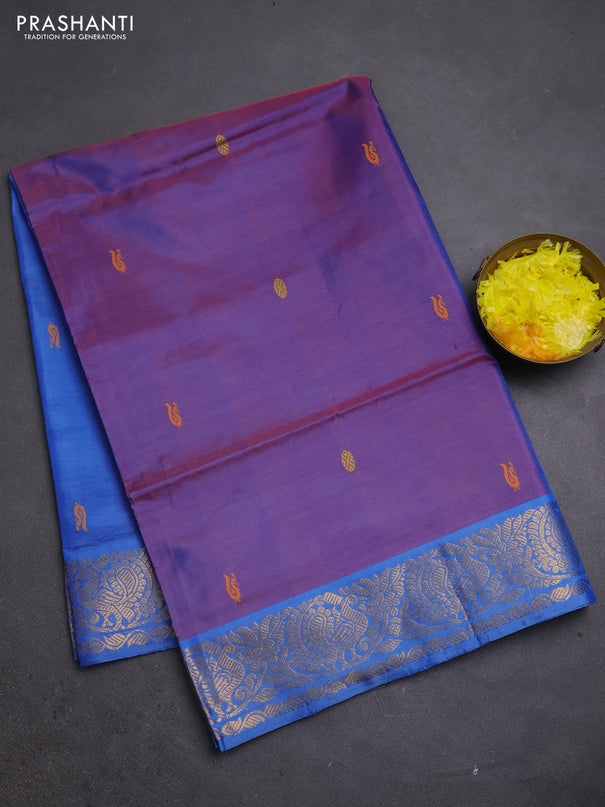 Banana pith saree dual shade of red and blue with thread woven buttas and zari woven border
