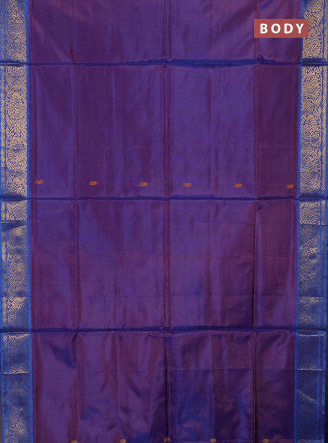 Banana pith saree dual shade of red and blue with thread woven buttas and zari woven border