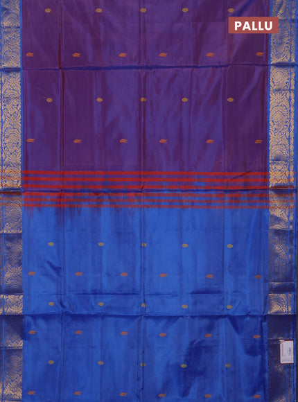 Banana pith saree dual shade of red and blue with thread woven buttas and zari woven border