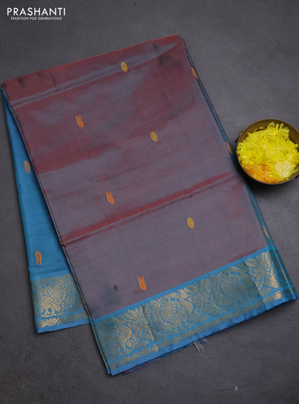 Banana pith saree dual shade of red and teal green with thread woven buttas and zari woven border