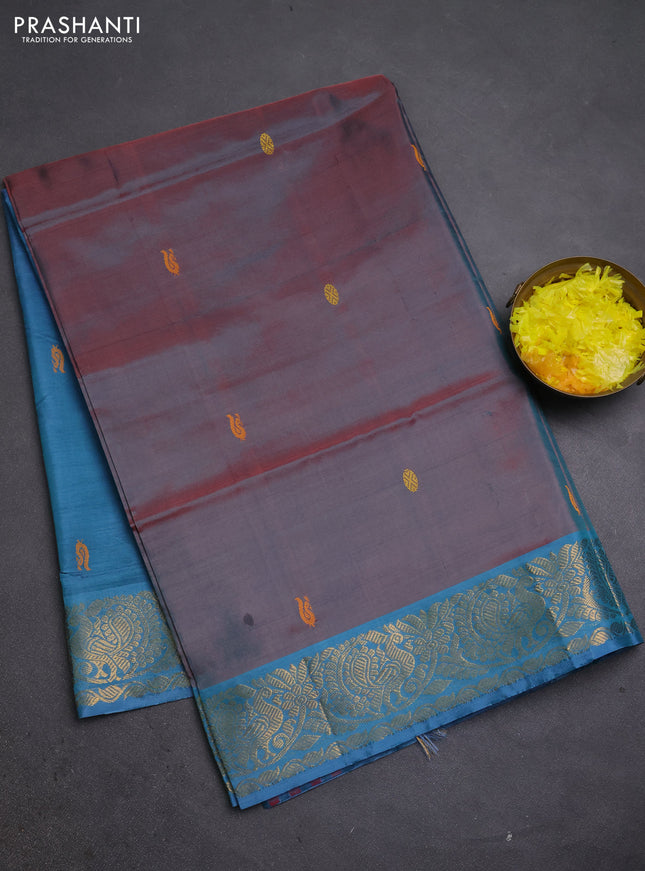 Banana pith saree dual shade of red and teal green with thread woven buttas and zari woven border
