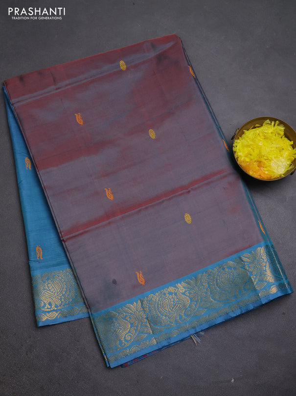 Banana pith saree dual shade of red and teal green with thread woven buttas and zari woven border