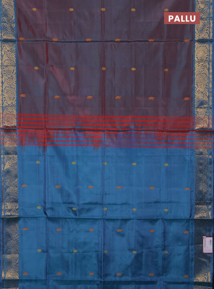 Banana pith saree dual shade of red and teal green with thread woven buttas and zari woven border