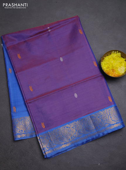 Banana pith saree dual shade of purple and blue with thread woven buttas and zari woven border