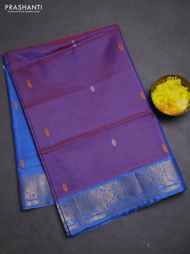 Banana pith saree dual shade of purple and blue with thread woven buttas and zari woven border