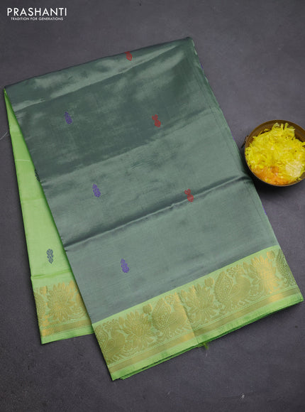 Banana pith saree grey and fluorescent green with thread woven buttas and zari woven border